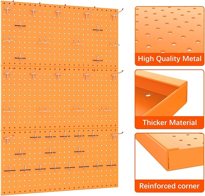 TORACK 3 PCS Metal Pegboard Panels(12x24 inch) for Wall Garage Tools Storage Pegboard for Workbench, Modular Peg Board Tool O