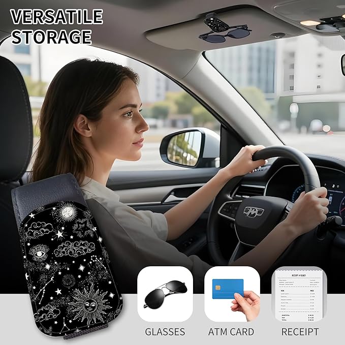 Sunglasses Holder for Car Visor, PU Leather Glasses Clip Organizer, Cute Magnetic Eyeglass Holder for Vehicle Sun Visor, Car Interior Accessory for Women & Men Black Celestial Sun Moon