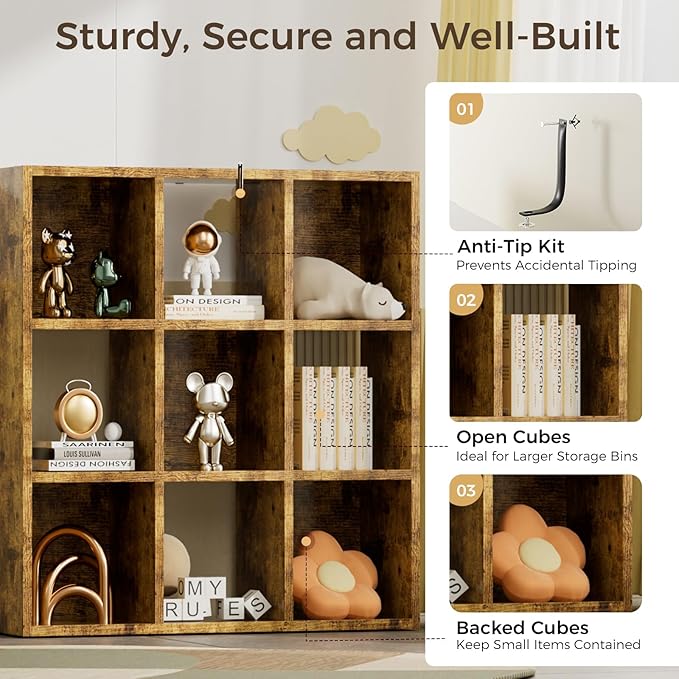 COMHOMA 9 Wood Cube Storage Organizer with Open Back and Removable Back Panels, 11In Brown Cube Storage Bookshelf, Cubicle Sh