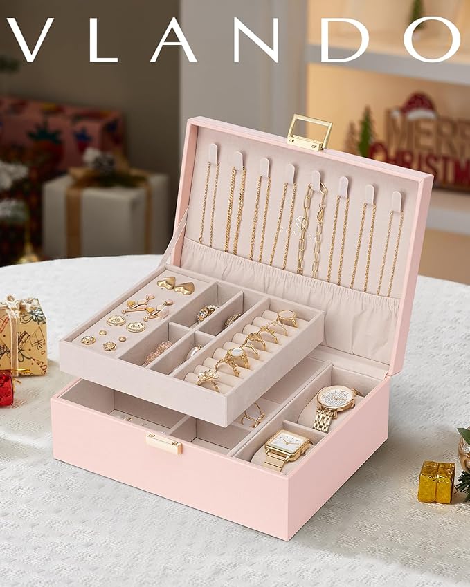 VLANDO 2 Layer Jewelry Box Large Jewelry Organizer for Mothers Day Mom Gifts Jewelery Tray with Watch Pillow for Necklace Ear