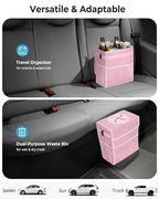 Corduroy Car Trash Can with Lid and Mesh Pockets - Leakproof Organizer,Multipurpose Waterproof Garbage Can/Trash Bin for Car(Light Pink-2 Gallons)