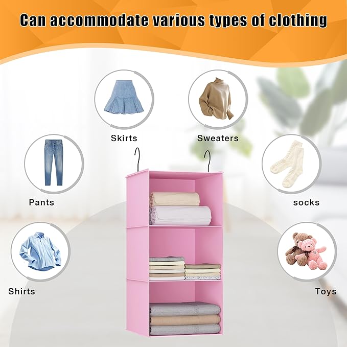 Hanging Closet Organizer and Storage 3-Shelf, Easy Mount Foldable Hanging Closet Wardrobe Storage Shelves, Clothes Handbag Sh
