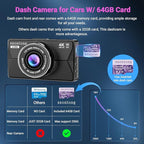 Dash Cam Front and Rear, Dash Cam 4K WiFi/APP Control Dashcam W/ 64GB Card Dash Camera for Cars DVR Car Security Cameras W/Loop Recording G-Sensor Time-Lapse Parking Mode Car Dashcam USB Powered