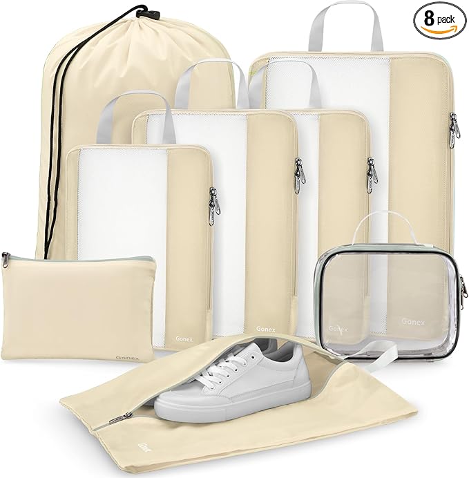 Gonex 8 Set Expandable Mesh Packing Cubes for Travel Essentials, Compression Organizer with Toiletry, Laundry, Shoe, Cable Ba