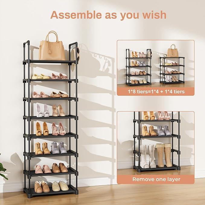 LANTEFUL Tall Shoe Rack 8 Tiers, 16-20 Pairs Shoe and Boots Organizer Storage Sturdy Shoe Shelf, Narrow Vertical Shoe Rack fo