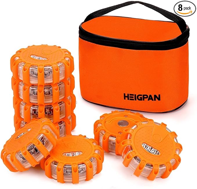 GP908 8 Pack LED Road Flares Emergency Roadside Lights Safety Flashing Warning Beacon Disc Warning Flare Kit with Hook Magnet