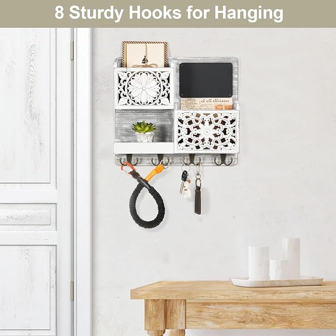 Mail Organizer Wall Mounted, 2 Slots Key Holder for Wall with 8 Hooks, Rustic Wood Key Rack with Shelf for Entryway Hallwall 