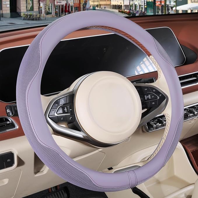 Nappa Leather Steering Wheel Cover, Advanced Microfiber Leather Non-Slip Breathable Fabric, Warm in Winter and Cool in Summer