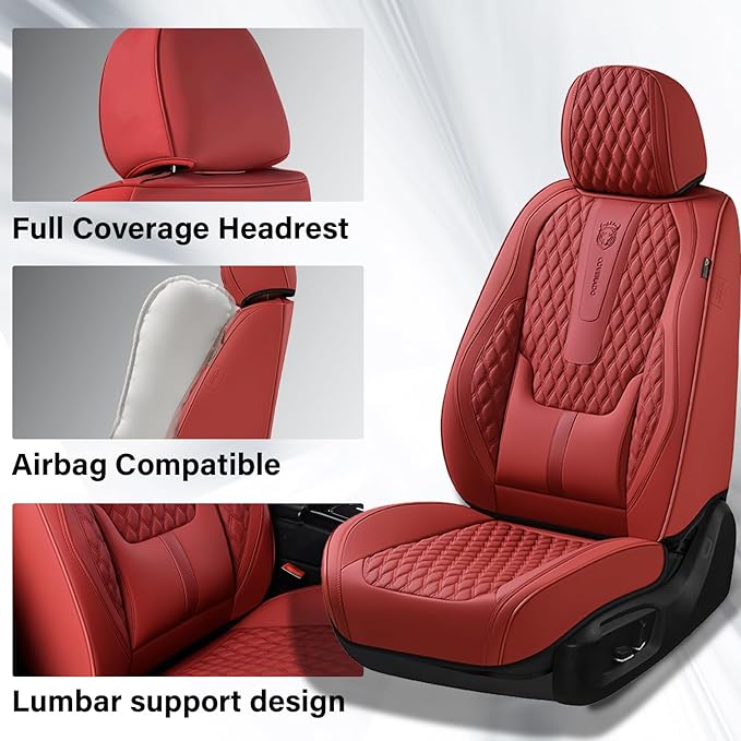 Coverado Car Seat Covers Full Set, Red Seat Covers for Car with Lumbar Support, Nappa Leather Seat Covers Waterproof Car Seat