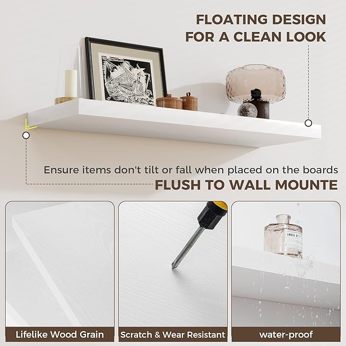 Fun Memories Deep Floating Shelves, 32W x 12D White Wall Shelves, 32 Long Rustic Wood Wide Storage Shelves for Bedroom, Kitch