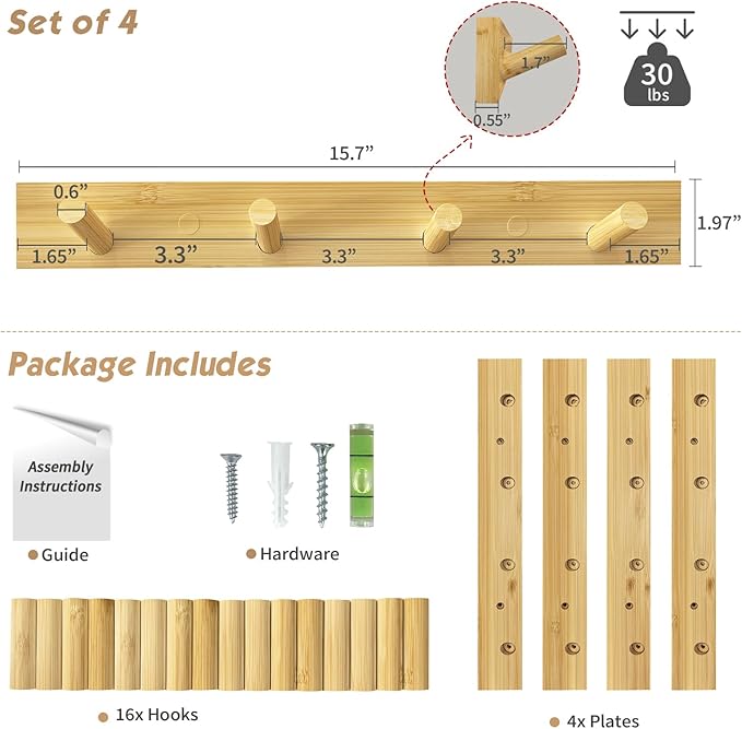 Forbena Natural Wood Coat Rack Wall Mount Set of 4, Wooden Wall Hooks for Bathroom Towels, Vertical Coat Hanger for Kids Room