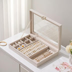 bussdis Glass Lid Jewelry Organizer Box – Beige Velvet Jewelry Case with Ring Slots, Necklace Hooks & Removable Compartments 