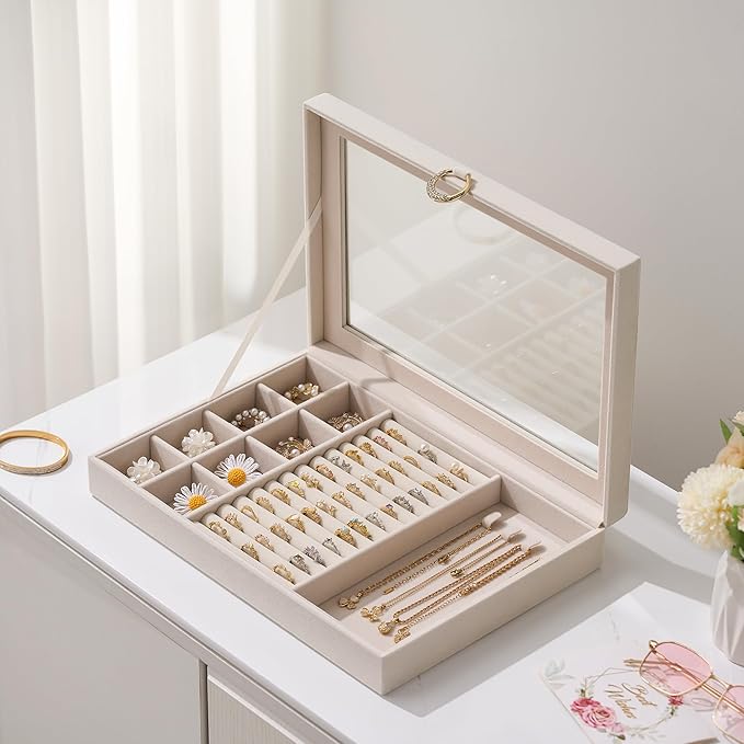 bussdis Glass Lid Jewelry Organizer Box – Beige Velvet Jewelry Case with Ring Slots, Necklace Hooks & Removable Compartments 
