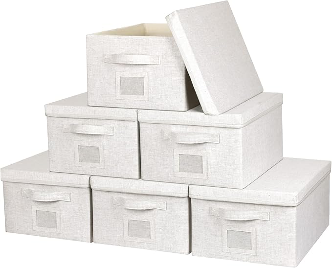 Large 17''x12'' Quart Collapsible Stackable Storage Bins with Lids, 6 Packs Off White Fabric Closet Boxes with Lids, Storage 