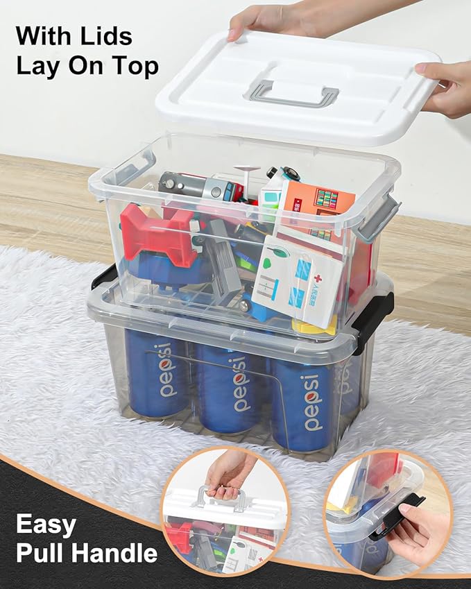NUMIFUN Plastic Storage Bins With Lids 6 Pack Storage Organizer Bins, 7 Quart Stackable Storage Bins with Lids and Black Hand