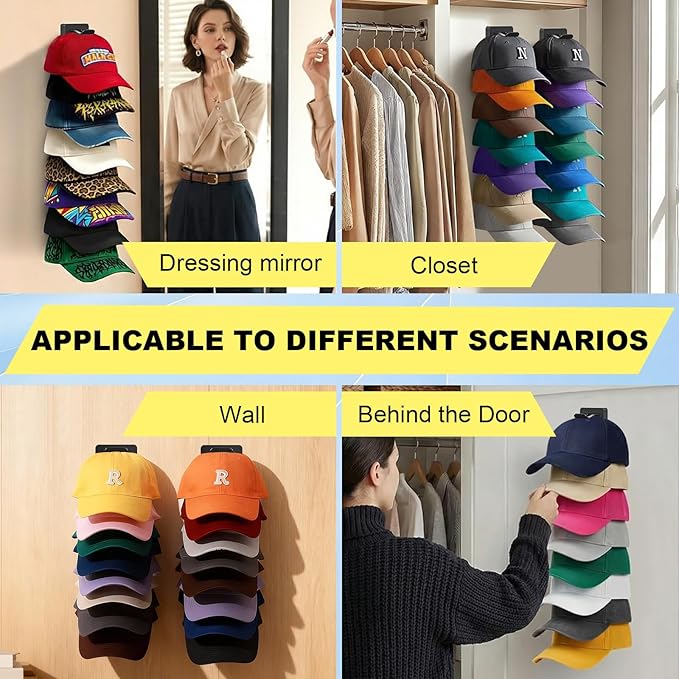 2 Pack MultiLayer Hat Organizer for Baseball Caps, Holds 16 Hats, Hat Hook for Wall, Dual Mount (Adhesive/Screws), Space Savi