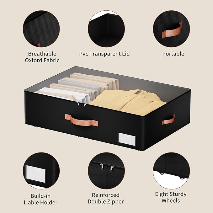 Underbed Storage With Wheels,Large Capacity 7.5 inches Height Storage Bins,Rolling Underbed Shoe Storage Containers,dorm Stor