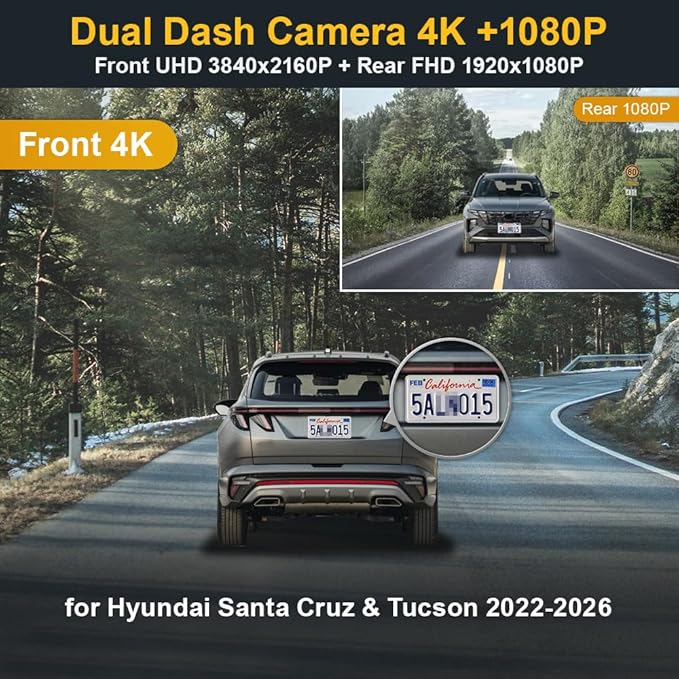 Fitcamx Front 4K+Rear 1080P Dash Cam Adapts for Hyundai Santa Cruz & Tucson 2022-2026 (Part NO#N9000), Integrated OEM Look, D
