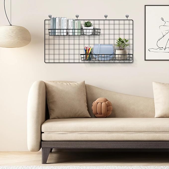 4 Pcs Metal Grid Wall Baskets with Hooks, Hanging Wire Basket Wall Mount Storage Organize for Kitchen, Bathroom, Office (Blac