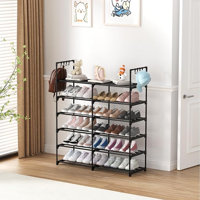 2-Row 6-Tier Stackable Shoe Rack, Black Metal Shoe Shelf with Multifunctional Hooks, Hold 24-30 Pairs, Space Saving Shoes Org