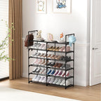 2-Row 6-Tier Stackable Shoe Rack, Black Metal Shoe Shelf with Multifunctional Hooks, Hold 24-30 Pairs, Space Saving Shoes Org