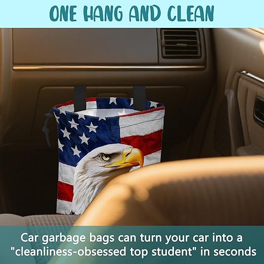 Car Trash Bag American Flag and Eagle Leak-Proof Car Garbage Bag with Drawstring Foldable Canvas Trash Bin with Adjustable Buckle for Car Accessories, Travelling, Camping