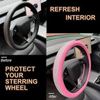 PINCTROT D Shaped Bling Comfy Steering Wheel Cover with Jumbo Crystal Rhinestones, Anti-Slip Diamond Leather, Flat Bottom 14.5-15 Inch (All Pink)