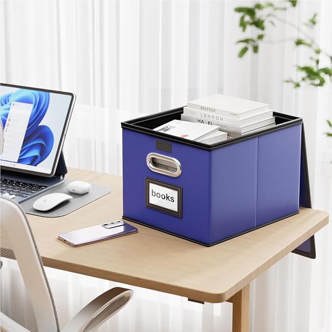 Huolewa Decorative Leather File Organizer Storage Boxes with Lids Set of 4, Document Boxes Organizer, Filing Boxes, Decorativ