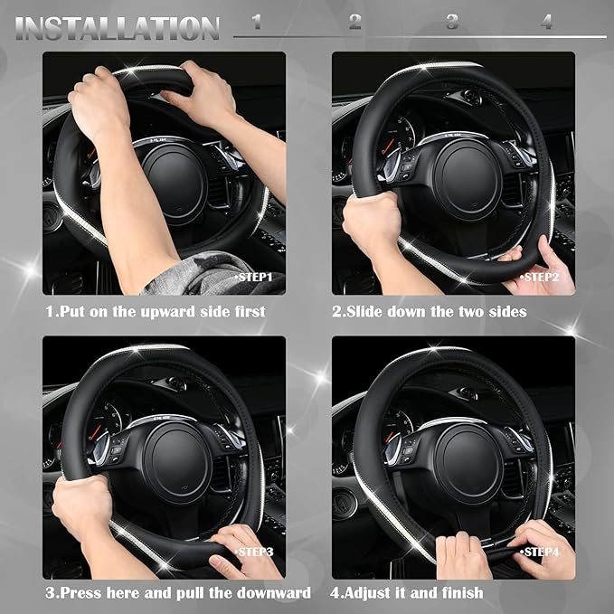 CAR PASS Bling Diamond Black Leather Steering Wheel Cover, Studded Crystal Rhinestones Universal Fit 14" 1/2-15" Glitter for Women Sparkle Girl Fit Suvs,Vans,Sedans,Car,Trucks, Multicolor Diamond