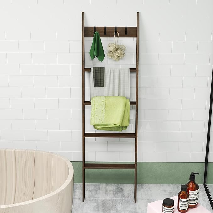 Giantex Bamboo Blanket Ladder, 5-Tier Ladder Shelf w/ 4 Removable Hooks, Decorative Wall Leaning Ladder, Blanket Holder w/Ant