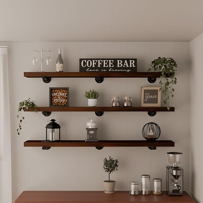 Industrial Pipe Wall Wood Shelves,Real Wooden Shelves 55" in Walnut Color with 1.2" Extra Thick, Modern Floating Shevles Book