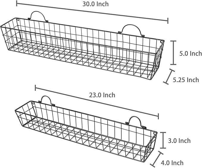 MyGift 2pcs 30-Inch Wire Baskets for Storage and Organization, Rustic Black Wall Mounted Metal Display Racks