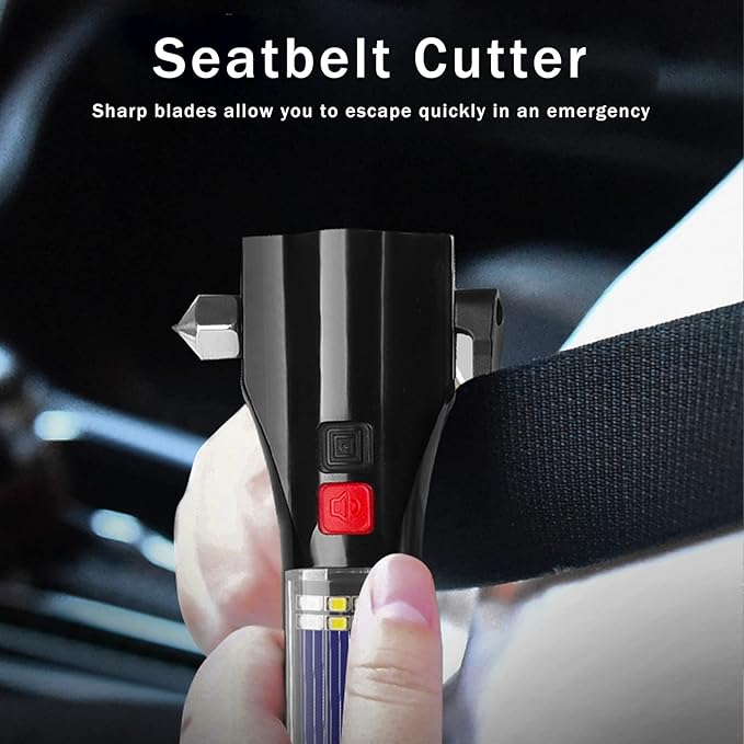 All-in-1 Car Safety Hammer, Multi-Function Emergency Escape Hammer with Window Breaker and Seatbelt Cutter, Mobile Power, LED