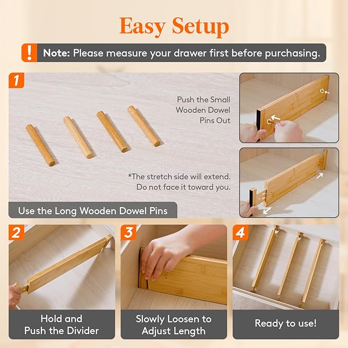 Lifewit 4" High 8 Pack Bamboo Drawer Dividers 43-54cm/17-21.5" Adjustable Wooden Drawer Organizer for Clothes/Utensils, Expan