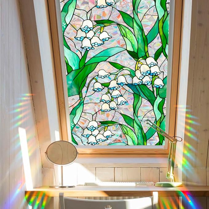JOONOR Retro Lily of The Valley Window Privacy Film,Stained Glass Decals Colorful Floral Privacy Rainbow Decals Living Room Sun Blocking Decor Removable Static Cling Stickers,16.93 x 39.37 Inch