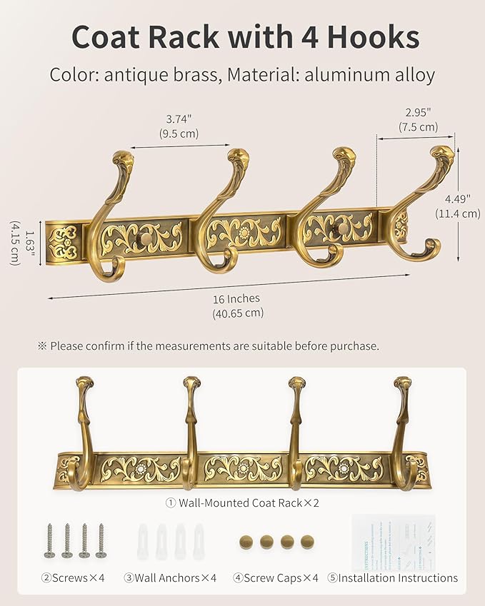 Vintage Coat Rack Wall Mount, Decorative Wall Coat Rack with 4 Hooks for Hanging Key Purse Hat Robe Towel Clothes Unique Hang