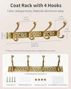 Vintage Coat Rack Wall Mount, Decorative Wall Coat Rack with 4 Hooks for Hanging Key Purse Hat Robe Towel Clothes Unique Hang