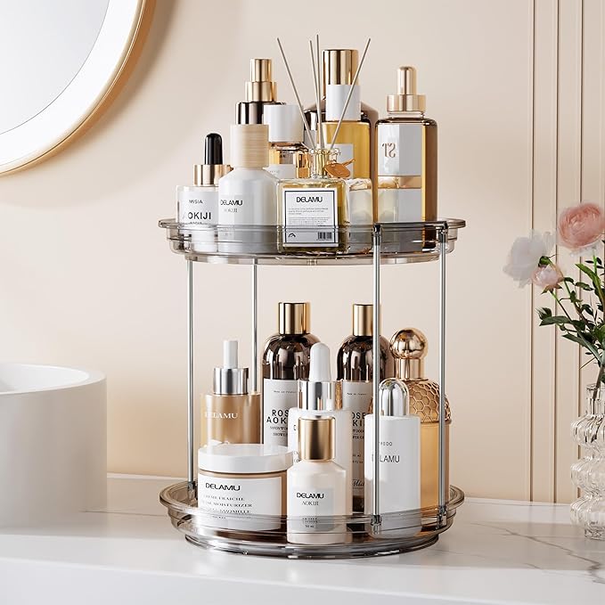 Delamu 2 Tier Rotating Makeup Organizer for Vanity, Skincare Organizer for Bathroom Counter, Spinning Perfume Organizer Cosme