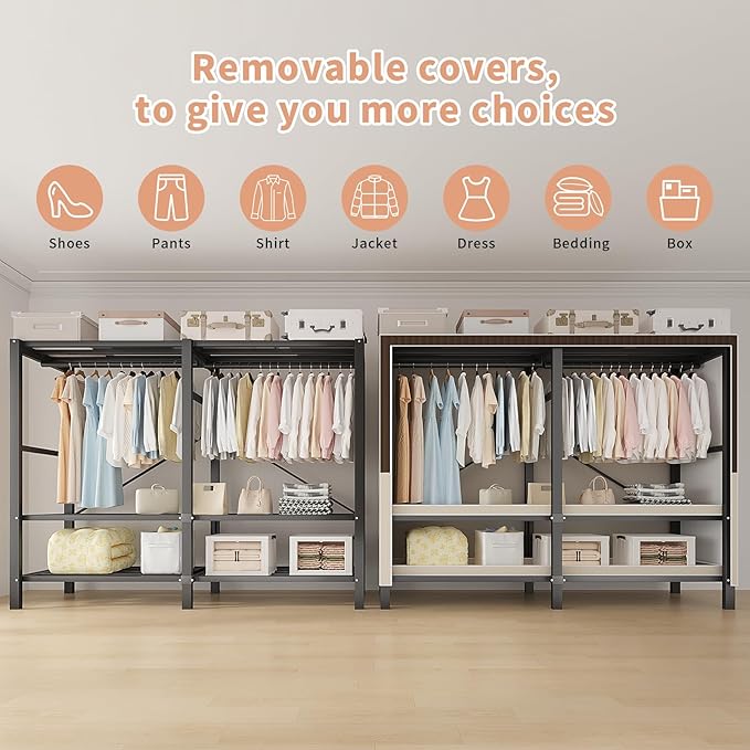 Heavy Duty Portable Closet Wardrobe, Garment Rack with Cover & Hanging Rods, Freestanding Wardrobe with Magnetic Door, Metal 