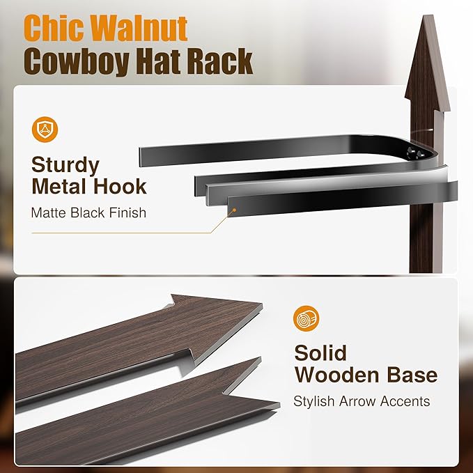 Cinati Cowboy Hat Rack, Cowboy Hat Holder Wall Mount Holds up to 4 Hats, Wooden Western Rustic Metal Cowboy Hat Hanger with A
