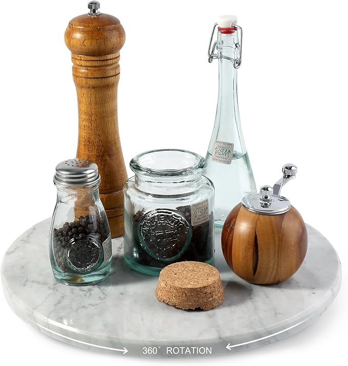 12" Marble Lazy Susan Turntable - 100% Natural Stone Round Serving Tray with Silent Spinning, Revolving Cake Stand & Cheese B