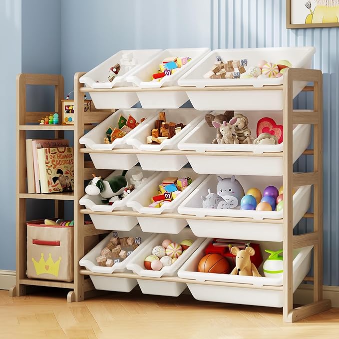 Toy Storage Organizer - Toy Organizers and Storage with Bookshelf, Toy Storage Shelf with 3 Shelves and 12 Storage Bins, Kids