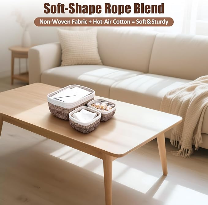 5-Pack Small Woven Rope Storage Baskets – 2 Sizes Organizer Bins for Closet, Shelf, Bookshelf, Nursery, Changing Table, Fabri