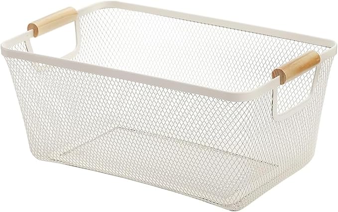 AJIODA Metal Mesh Steel Basket, Large Wire Storage Organizer Basket Multi-function Hanging Kitchen Baskets with Wood Handle f
