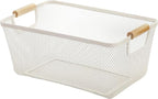 AJIODA Metal Mesh Steel Basket, Large Wire Storage Organizer Basket Multi-function Hanging Kitchen Baskets with Wood Handle f