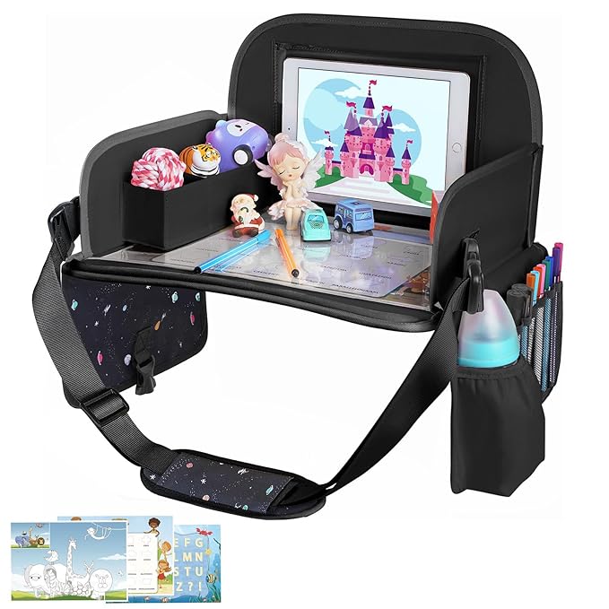 MENZOKE Kids Travel Tray, Road Trip Activities for Kids with Dry Erase Board & Cooler Cup Holder, Toddler Car Activities with