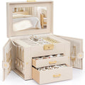TORIBIO Jewelry Box for Women, Leather Jewelry Organizer with Mirror & Lock, 3-Tier Jewelry Storage Organizer with 2 Drawers 
