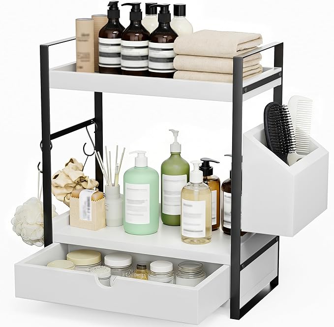 Kottwca 2-Tier Bathroom Counter Organizer with Drawer, Basket & Hooks, Wooden Vanity Shelf for Skincare, Perfume & Makeup Sto