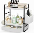 Kottwca 2-Tier Bathroom Counter Organizer with Drawer, Basket & Hooks, Wooden Vanity Shelf for Skincare, Perfume & Makeup Sto