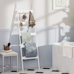 Blanket Ladder, 5-Tier Towel Holder with 4 Removable Hooks, Farmhouse Wall Leaning Decorative Rack Shelf, Wooden Towel Displa